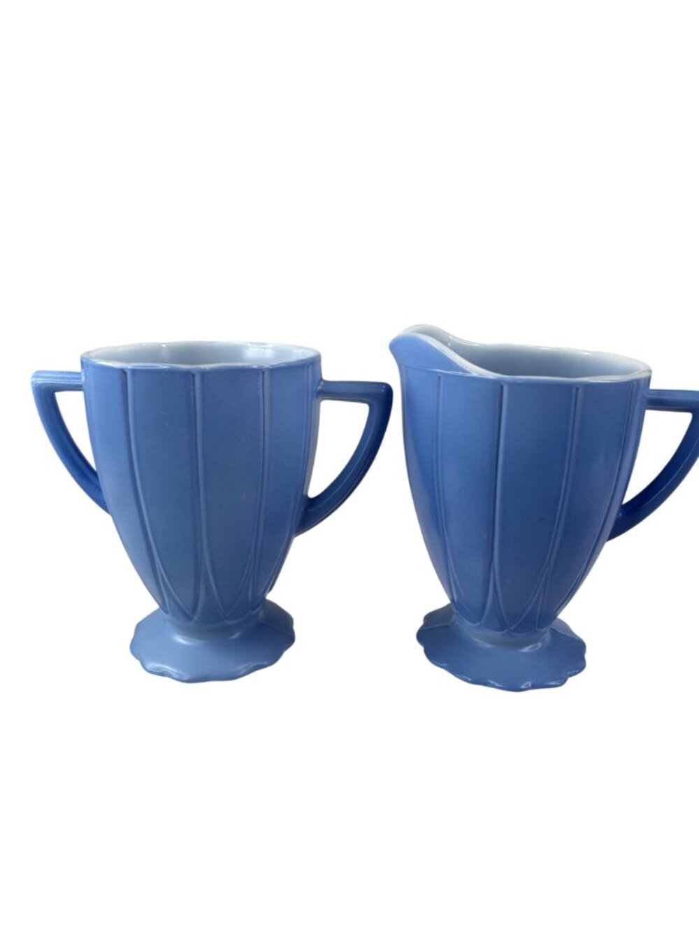 Vintage Hazel Atlas Platomite Newport Blue Milk Glass Sugar and Creamer Hairpin - Picture 9 of 11